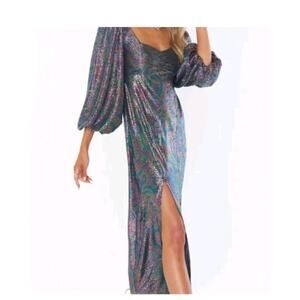 Show me your Mumu Sydney Midi Dress Silver Iridescent Sequin Sz L Sparkle